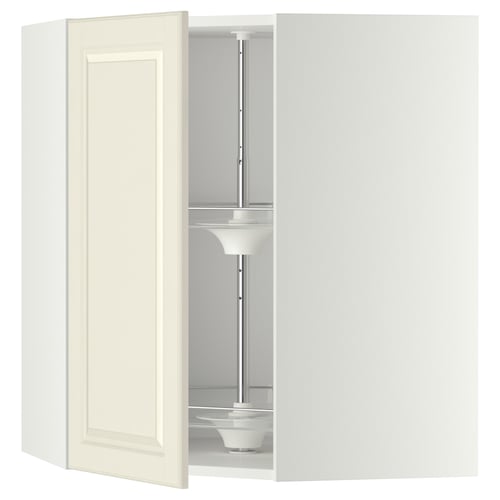 An open off-white METOD kitchen corner cabinet with an adjustable glass shelf and a central carousel pole.