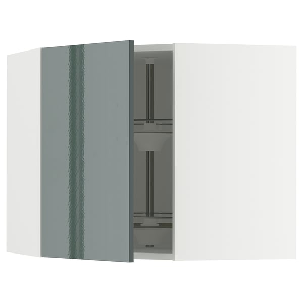 METOD kitchen unit with high-gloss grey-green door, glass shelf, and modern design.