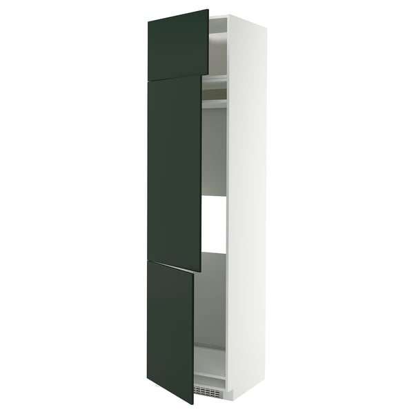 White METOD cabinet with green havstorp doors; tall, rectangular, modern design.