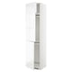 White high-gloss tall cabinet, part of IKEAs METOD kitchen system, featuring sleek, handle-less design and adjustable shelves.