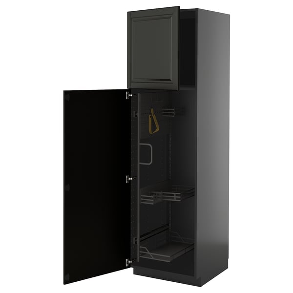 Black METOD kitchen cabinet with bevelled edges, open door revealing pull-out organiser.