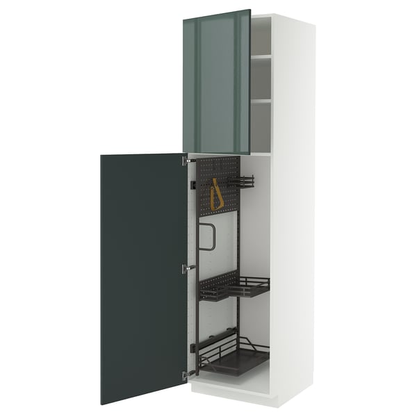 A METOD kitchen cabinet with kallarp high-gloss grey-green doors, featuring pull-out organisers and a metal frame.
