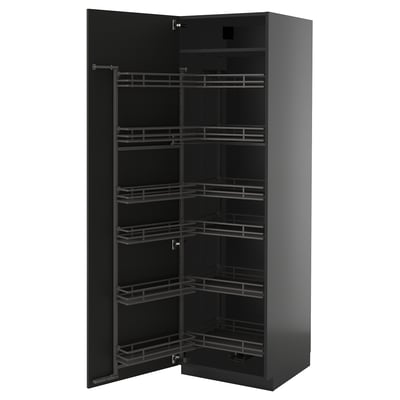 Modern black kitchen cabinet with multiple shelves, sleek design, and metallic pull-out racks.
