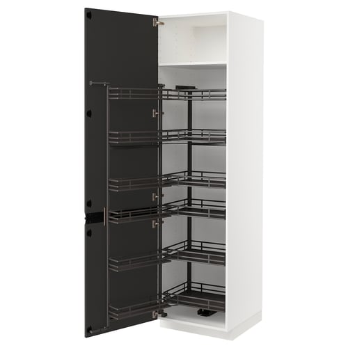 Modern white METOD kitchen cabinet with black pull-out shelves.