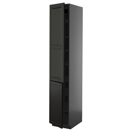 Black tall kitchen cabinet with 3 doors, glossy finish.
