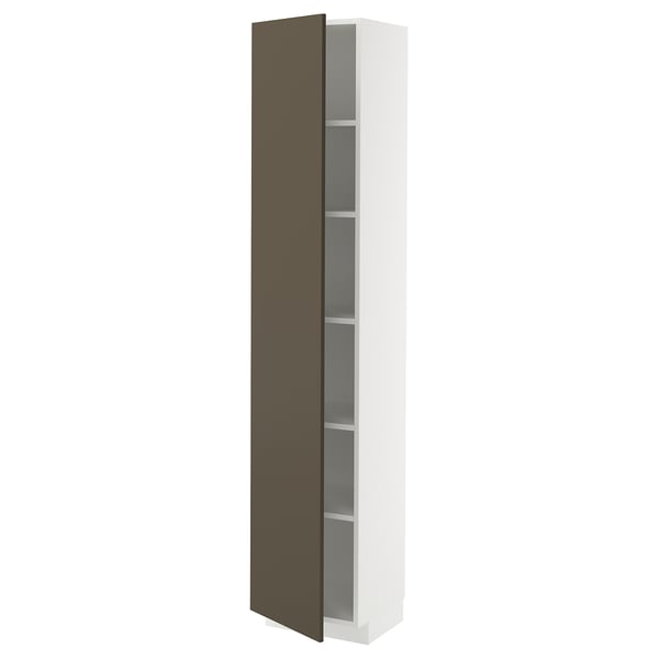 A tall, white cabinet with one dark brown door partially open, revealing adjustable shelves inside.