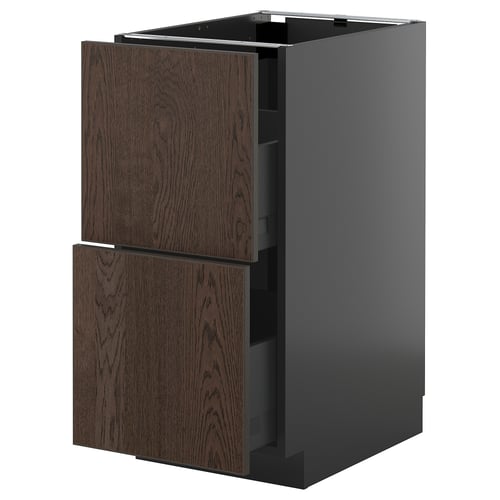 Dark brown kitchen cabinet, grey base, wooden handles.