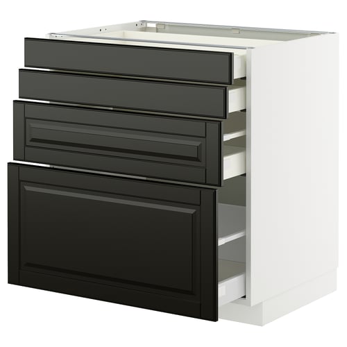 Modern kitchen unit: METOD in black with bevelled edges. Multiple drawers on a white base, offering a sleek, sophisticated look.
