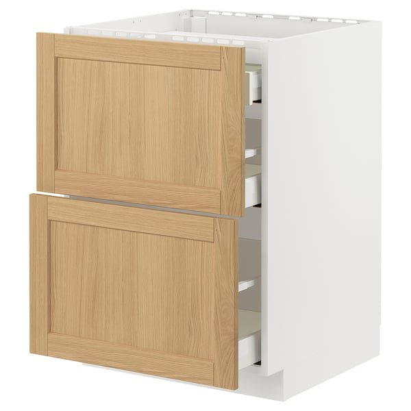 A white METOD kitchen cabinet with oak veneer drawers. It has a modern design with two large drawers and multiple shelves inside.