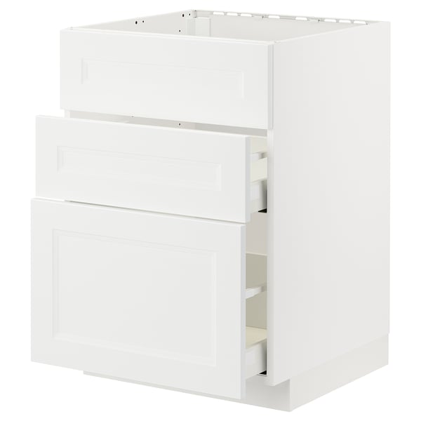 Ikea METOD white cabinet with three drawers and one door.