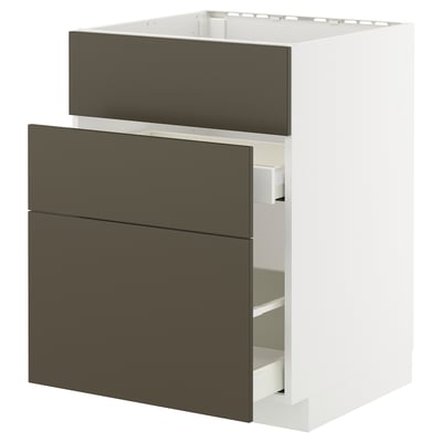 METOD kitchen cabinet, white & dark brown, three drawers, sleek design.