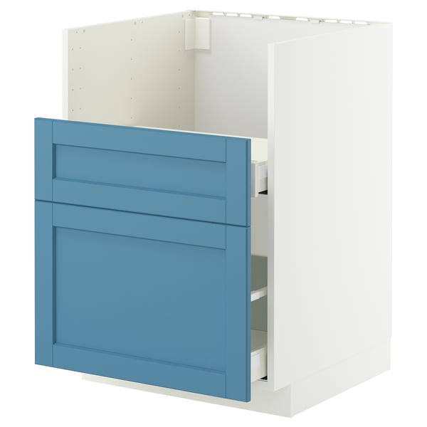 METOD kitchen cabinet with blue drawer, smooth finish, metal rails.