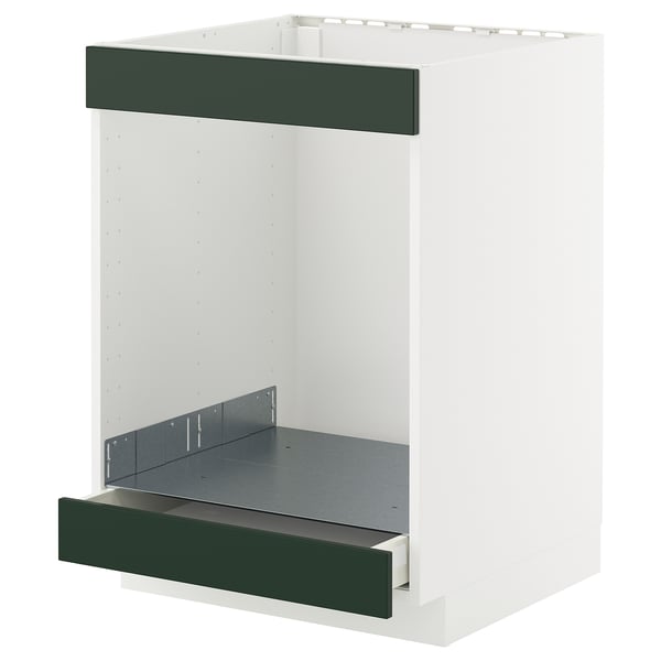 METOD kitchen unit in white with green drawer and shelf. Square shape, modern design.