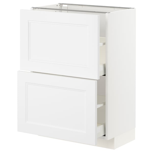 White METOD kitchen unit with two open drawers, sleek design for modern or traditional styles.