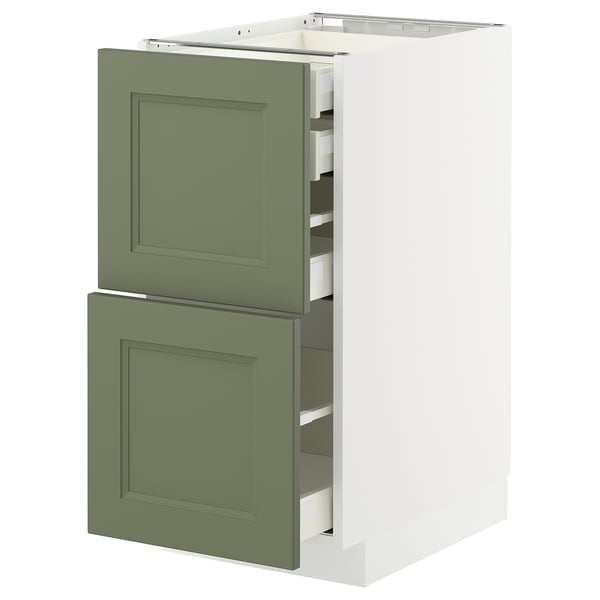 METOD kitchen cabinet with green-gray doors and white frame.