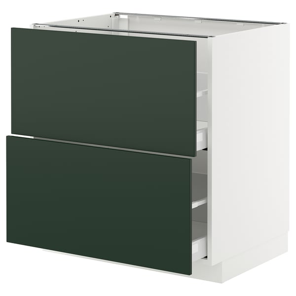 Modern kitchen unit with 2 green drawers, sleek white edges, durable steel runners, smooth finish.
