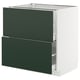 Modern kitchen unit with 2 green drawers, sleek white edges, durable steel runners, smooth finish.
