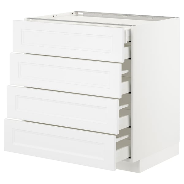 White METOD kitchen unit with four drawers, sleek and modern design.
