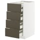 Modern white cabinet with four dark brown drawers, sleek design.
