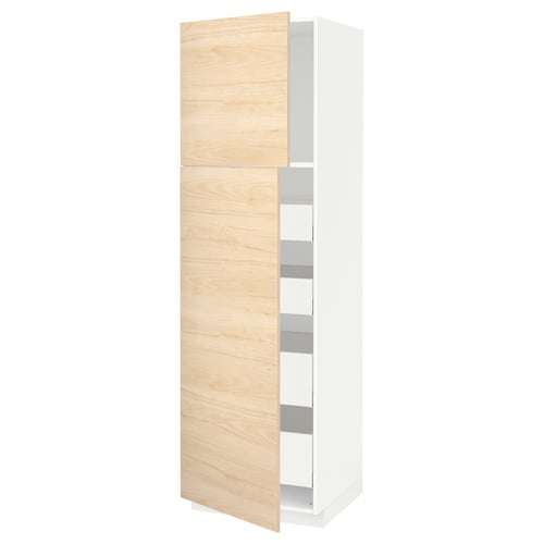White and light wood cabinet, open right side, full height with shelves.