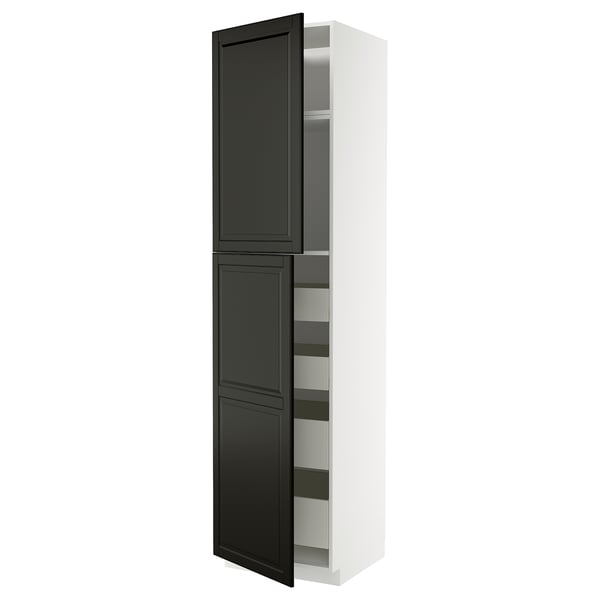 METOD kitchen cabinet in black with white frame, tall, modern design with adjustable shelves.