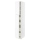 A white ikea METOD kitchen cabinet with a wood grain texture and multiple shelves inside.