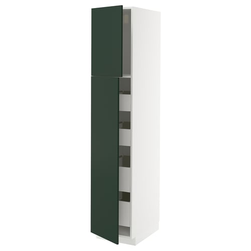 Vertical kitchen cabinet with green door and multiple shelves.
