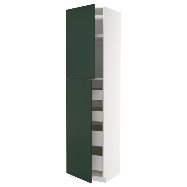 A white and green METOD kitchen cabinet with two shelves exposed. The cabinet has a modern design with a sleek finish.