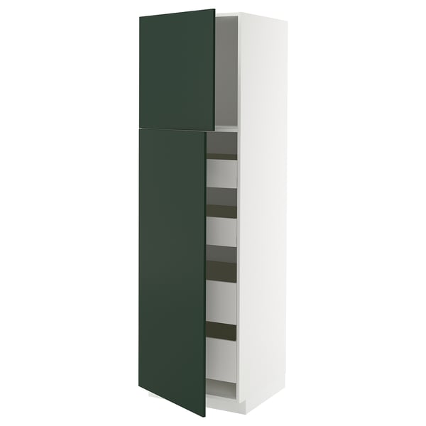 Green and white cabinet with pull-out shelves.