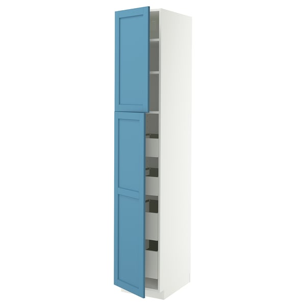 A tall, narrow cabinet. It is mostly white with blue doors. The cabinet has several shelves inside.