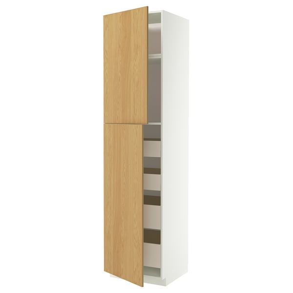 METOD / MAXIMERA Hi cab w 2 doors/4 drawers, white/Sinarp oak veneer, 60x60x240 cm