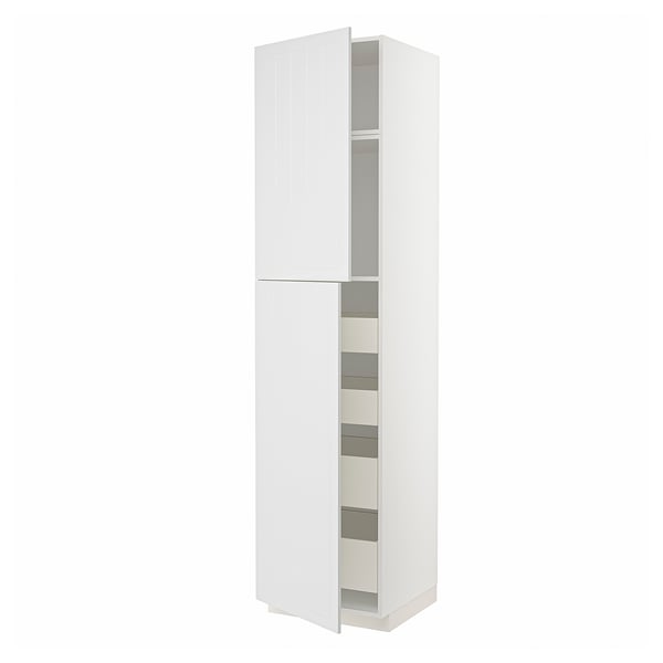 A white METOD kitchen cabinet with a high, slim design featuring two doors and multiple shelves inside.