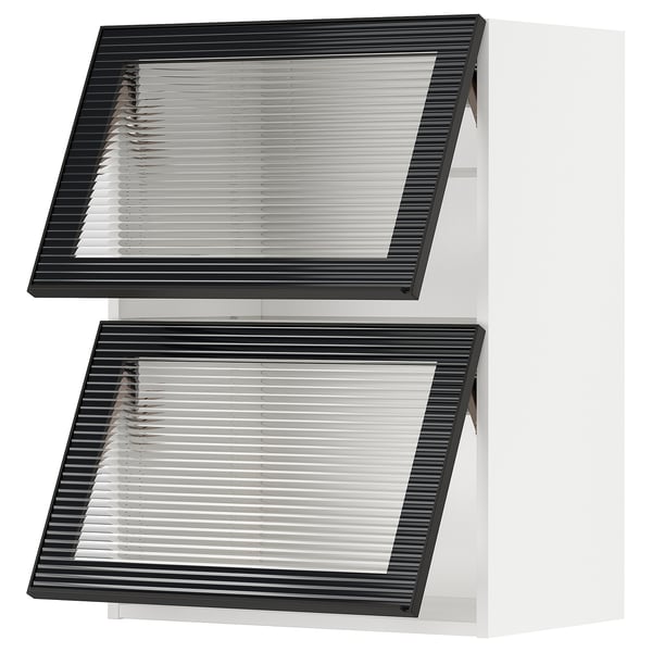 Modern black glass kitchen cabinet with sleek design and reeded glass panels.