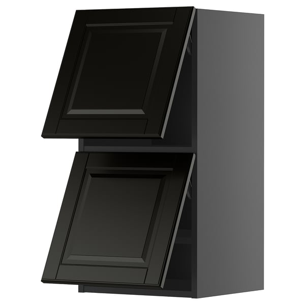 Modern black kitchen cabinet with two doors, sleek design, grey body, metallic hardware.