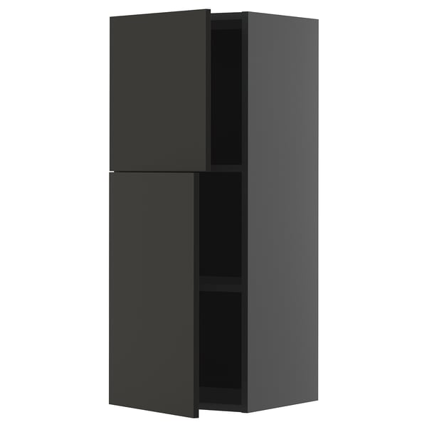 Black kitchen cabinet with two doors, sleek modern design, sturdy frame, and adjustable shelf.