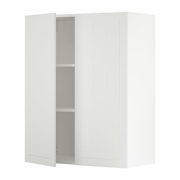 White ikea METOD kitchen cabinet with two doors and adjustable shelves.