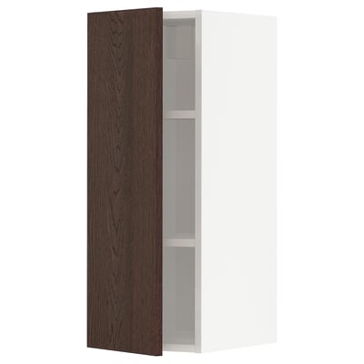 Open kitchen cabinet, wood finish, modern design, dark brown, white interior.