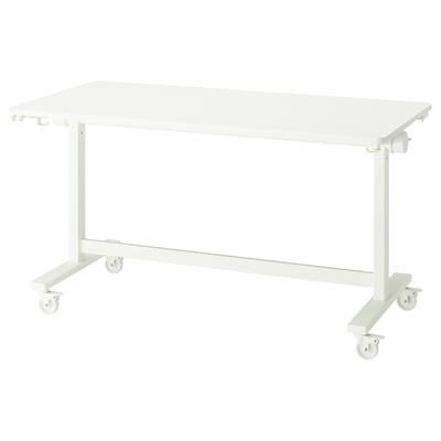 MITTZON: white, adjustable, rectangular desk on wheels, with foldable legs and hooks on each side.