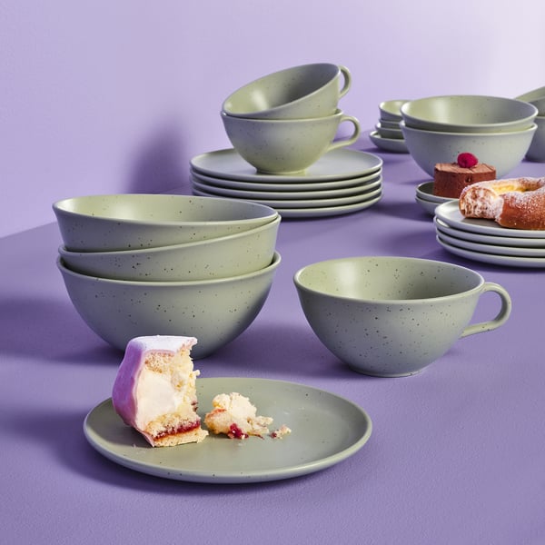 MOSSMAL set: green, stoneware bowls & plates. Small, rustic, speckled. Perfect for dining, suited for any meal.