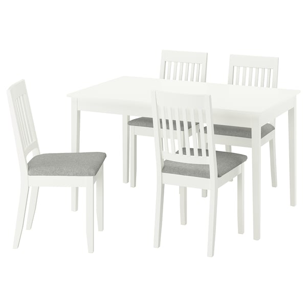 A white NÄSINGE dining set with a square table and four matching chairs, each with grey upholstered seats.