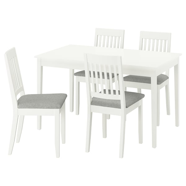 A white NÄSINGE dining set with a square table and four chairs, each with grey cushioned seats.