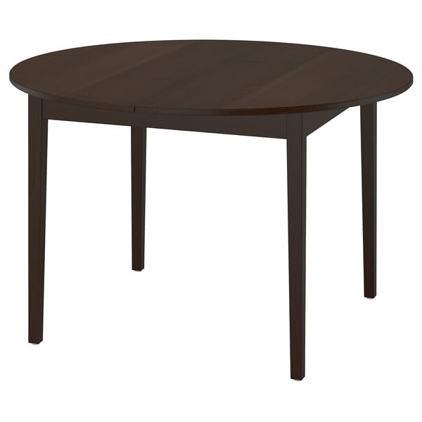 NÄSINGE round dining table, brown, wood veneer, four legs, classic farmhouse design.