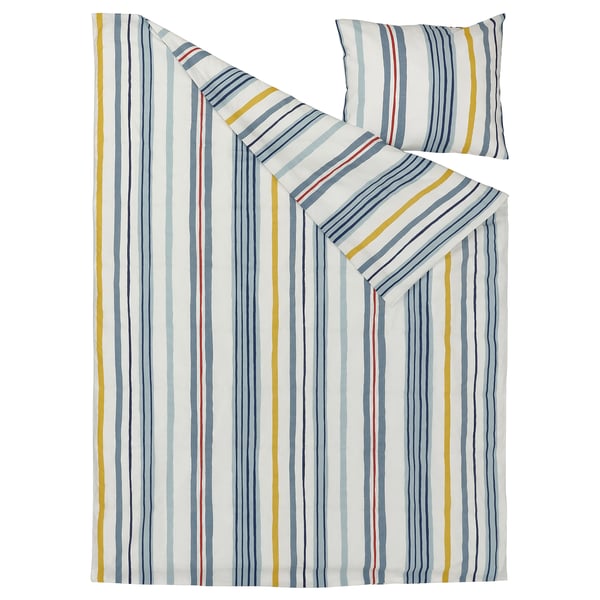NATTSLÄNDA striped duvet set, white with blue, red, and yellow stripes, rectangular with pillowcases, soft cotton.