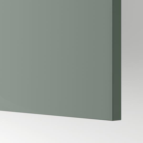 Close-up of sleek, modern kitchen front in grey-green tone. Smooth surface with uniform shade, showcasing high quality and contemporary design.