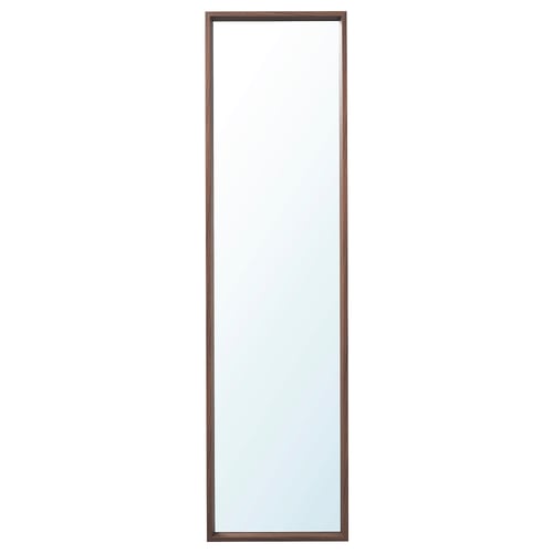 The NISSEDAL mirror is a stylish, rectangular, wall-mounted mirror with a dark brown frame, perfect for bedrooms or bathrooms.