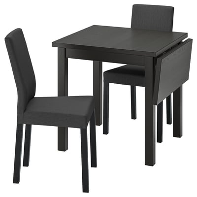 NORDVIKEN black drop-leaf dining table with 2 chairs. Sleek, modern design in dark wood and fabric.