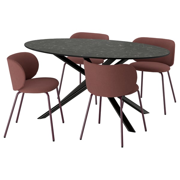 NORRMJÖLE / KRYLBO Table and 4 chairs, black marble effect/Tibbleby dark red, 170x97 cm