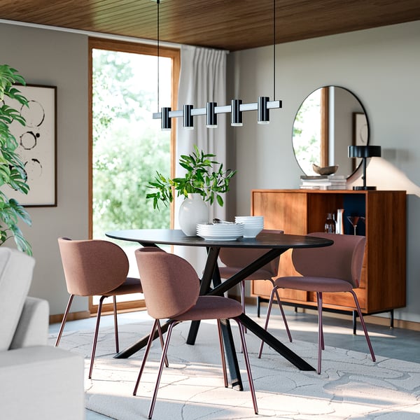 NORRMJÖLE / KRYLBO Table and 4 chairs, black marble effect/Tibbleby dark red, 170x97 cm