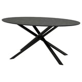 Modern, black NORRMJÖLE table with dark marble top, x-leg design, metal base.