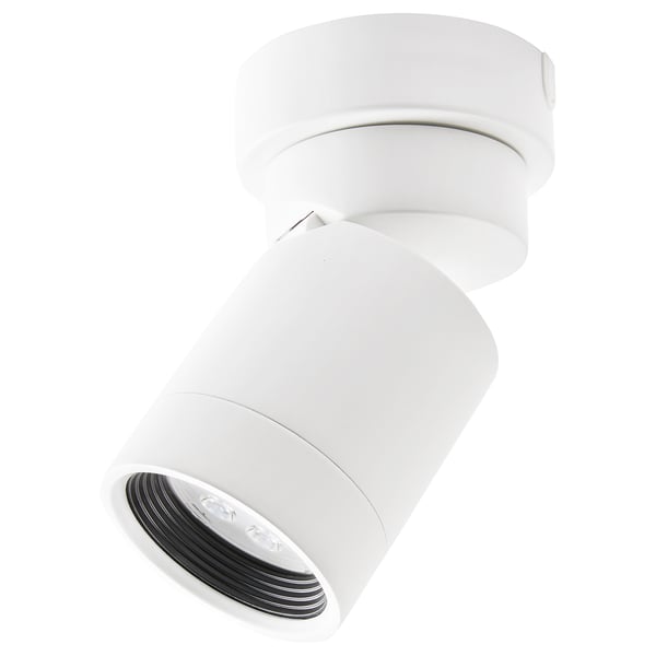 White NYMÅNE ceiling light, modern design, adjustable spot, metallic shade.